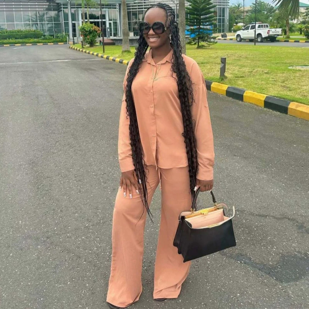 ZARA Chic Womens Luxury Loose Solid Color Blouse African Casual Pants Set